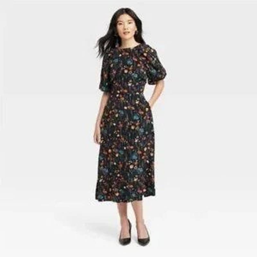 Small Black floral puff short sleeve midi dress - a New Day